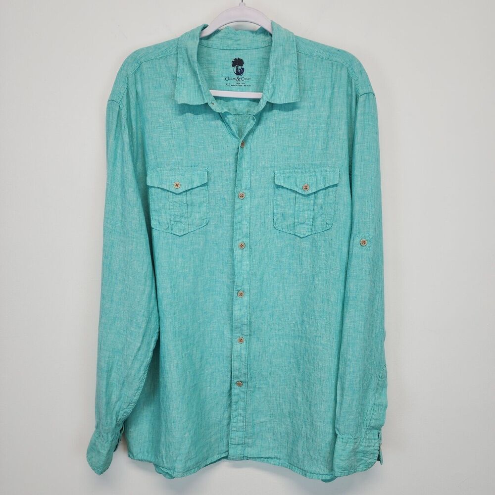 Ocean & Coast Mens Linen Shirt XL Blue Button Up Pocket Roll Tab Sleeve Beachy